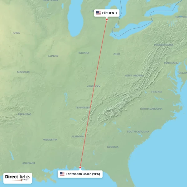 Fort Walton Beach - Flint direct flight map