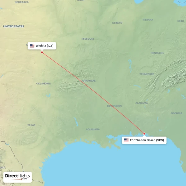 Fort Walton Beach - Wichita direct flight map