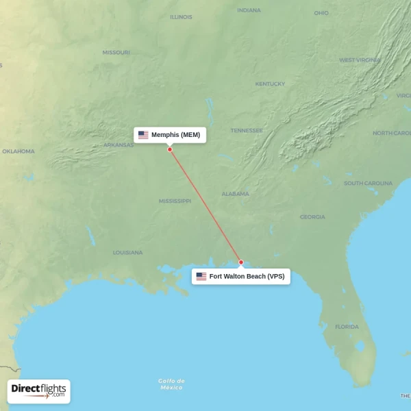 Fort Walton Beach - Memphis direct flight map