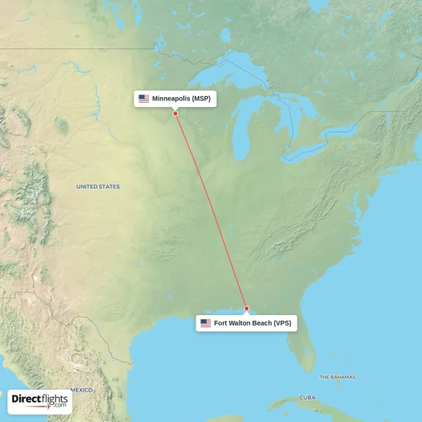 Fort Walton Beach - Minneapolis direct flight map