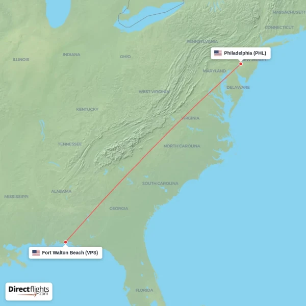 Fort Walton Beach - Philadelphia direct flight map