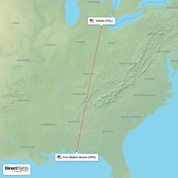 Fort Walton Beach - Toledo direct flight map