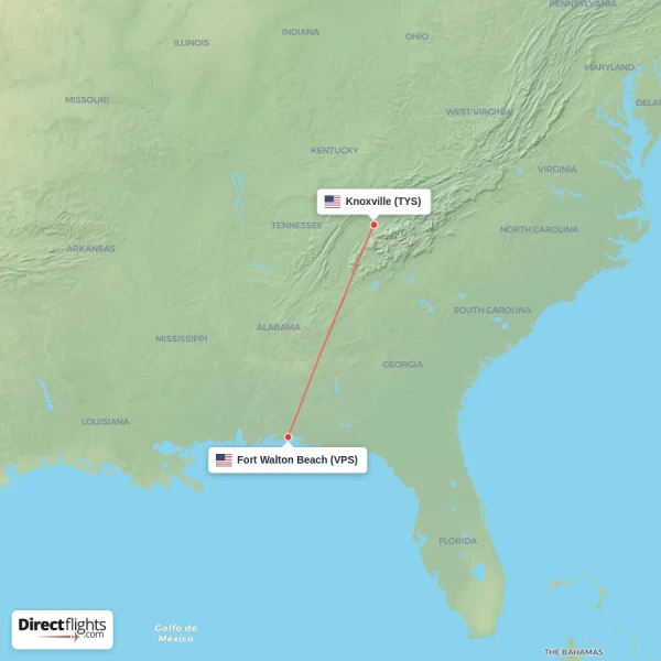 Fort Walton Beach - Knoxville direct flight map