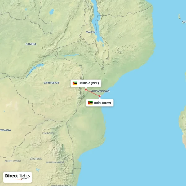 Chimoio - Beira direct flight map