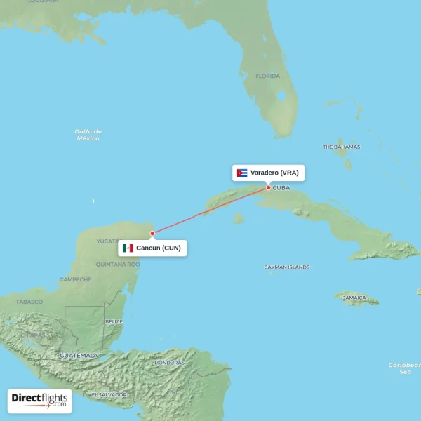 Varadero - Cancun direct flight map