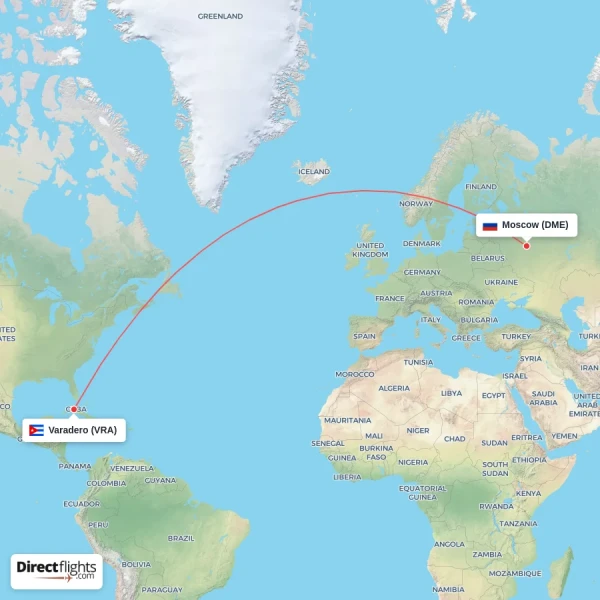 Varadero - Moscow direct flight map