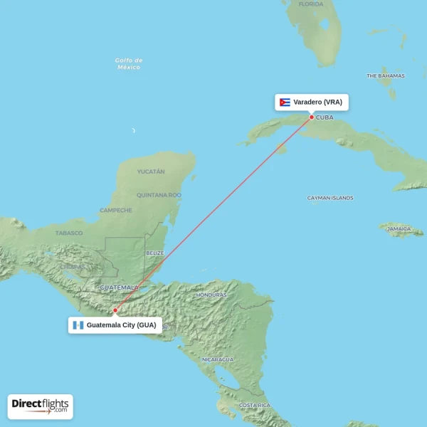 Varadero - Guatemala City direct flight map
