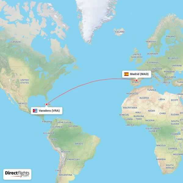 Varadero - Madrid direct flight map