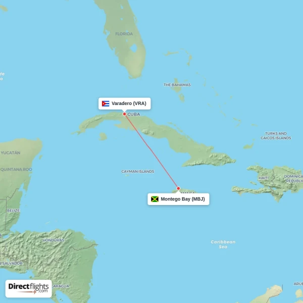 Varadero - Montego Bay direct flight map