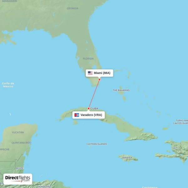 Varadero - Miami direct flight map