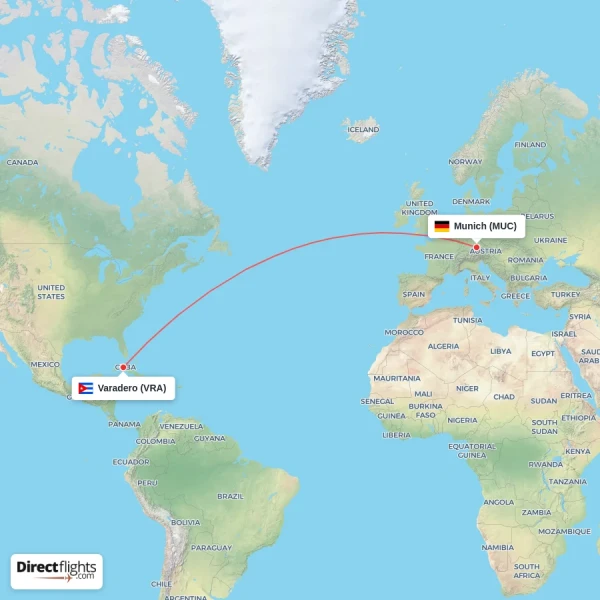 Varadero - Munich direct flight map