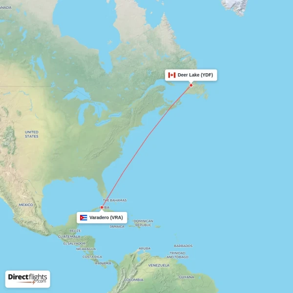 Varadero - Deer Lake direct flight map