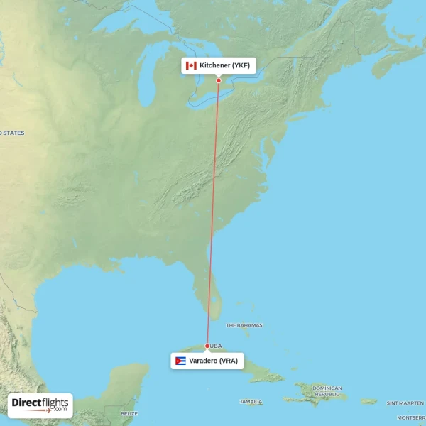 Varadero - Kitchener direct flight map