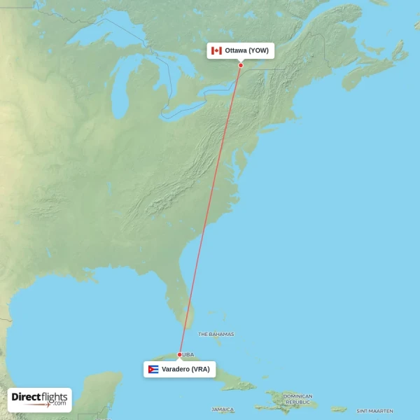 Varadero - Ottawa direct flight map