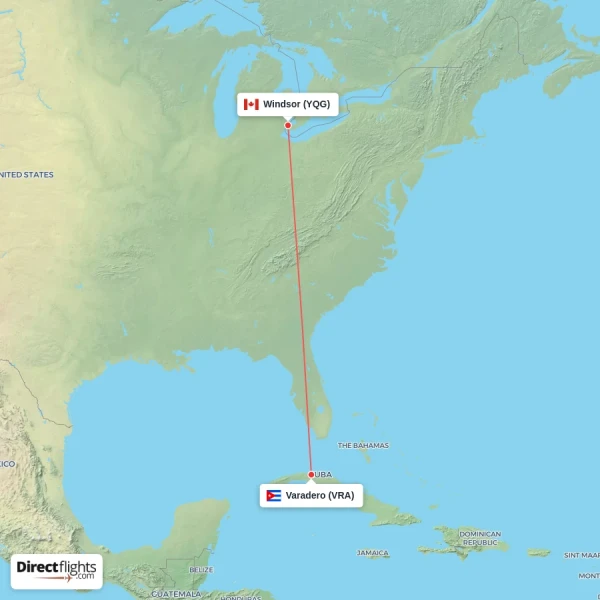 Varadero - Windsor direct flight map
