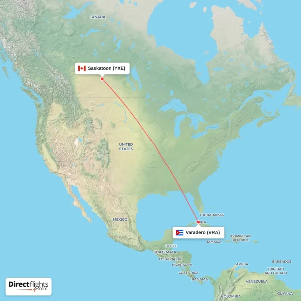 Varadero - Saskatoon direct flight map