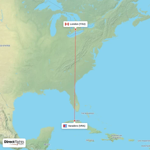 Varadero - London direct flight map