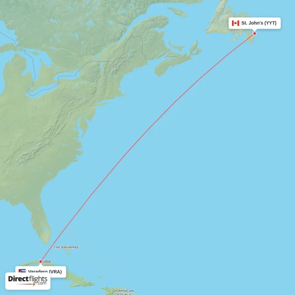 Varadero - St. John's direct flight map
