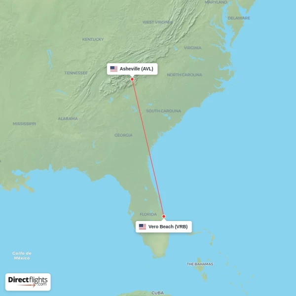 Vero Beach - Asheville direct flight map
