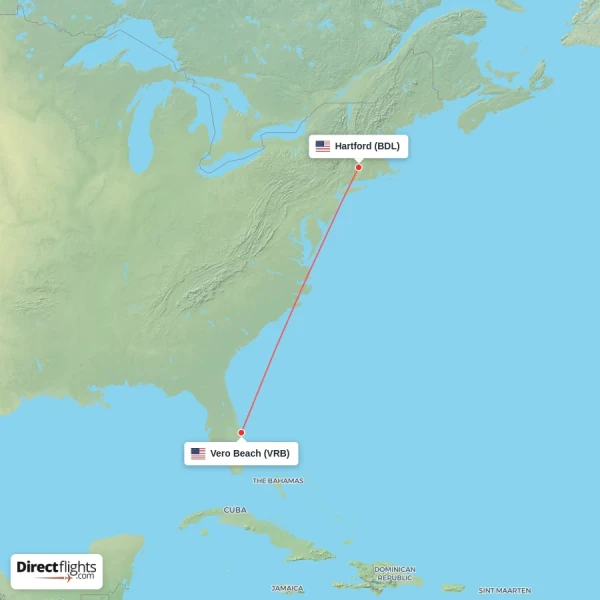 Vero Beach - Hartford direct flight map