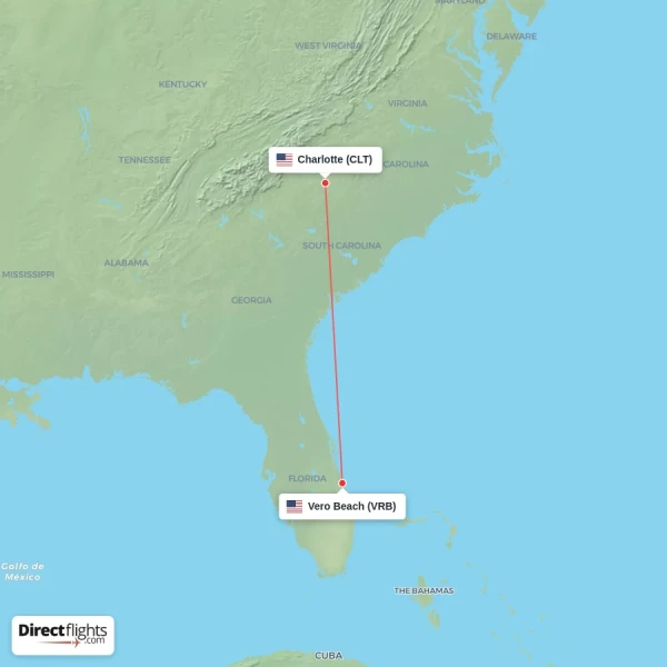 Vero Beach - Charlotte direct flight map