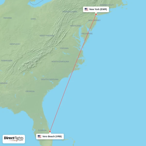 Vero Beach - New York direct flight map