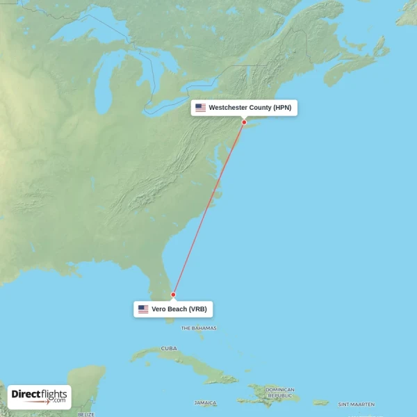 Vero Beach - Westchester County direct flight map