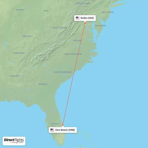 Vero Beach - Dulles direct flight map