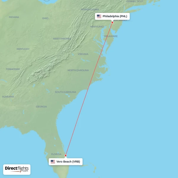 Vero Beach - Philadelphia direct flight map