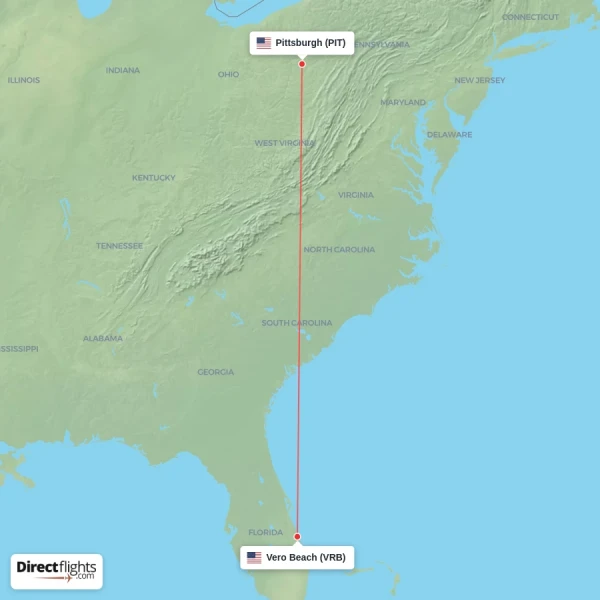 Vero Beach - Pittsburgh direct flight map