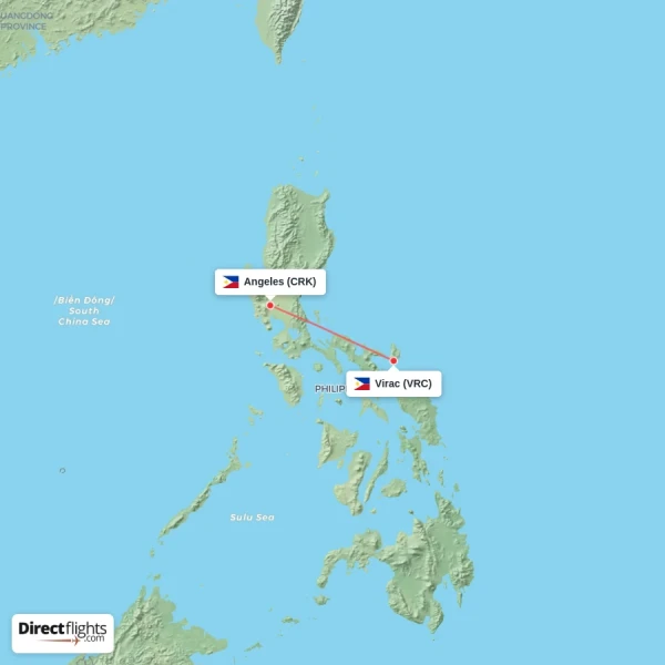 Virac - Angeles direct flight map