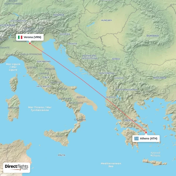 Verona - Athens direct flight map