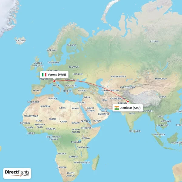 Verona - Amritsar direct flight map