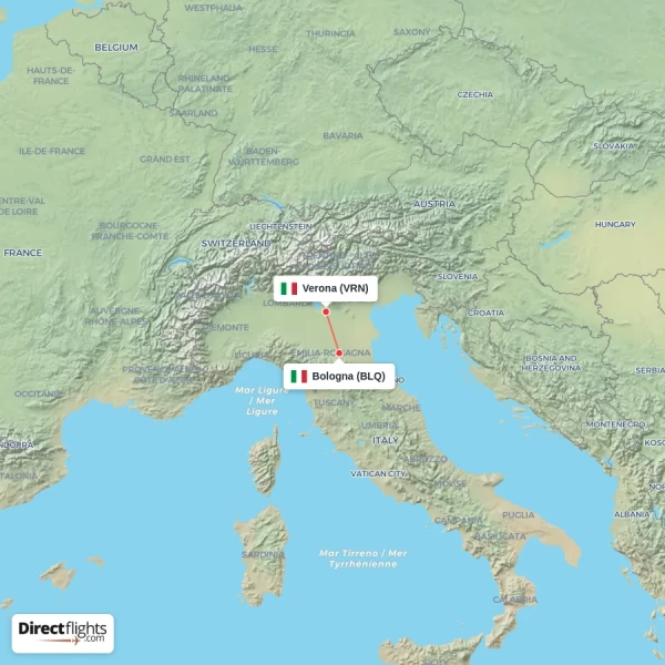 Verona - Bologna direct flight map