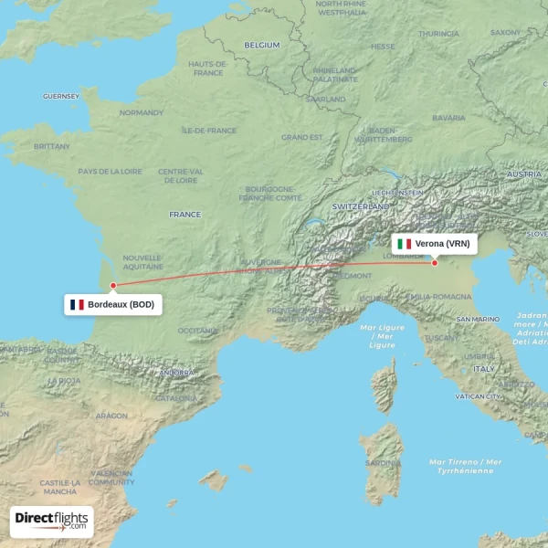 Verona - Bordeaux direct flight map