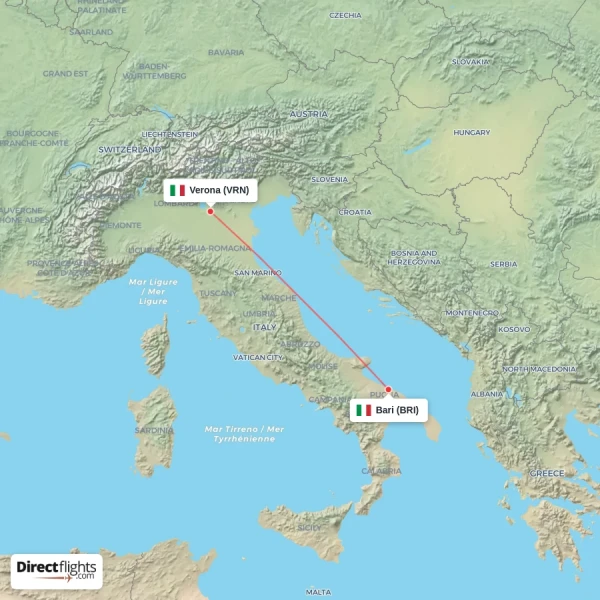 Verona - Bari direct flight map