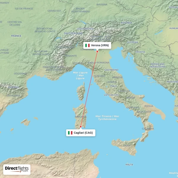 Verona - Cagliari direct flight map