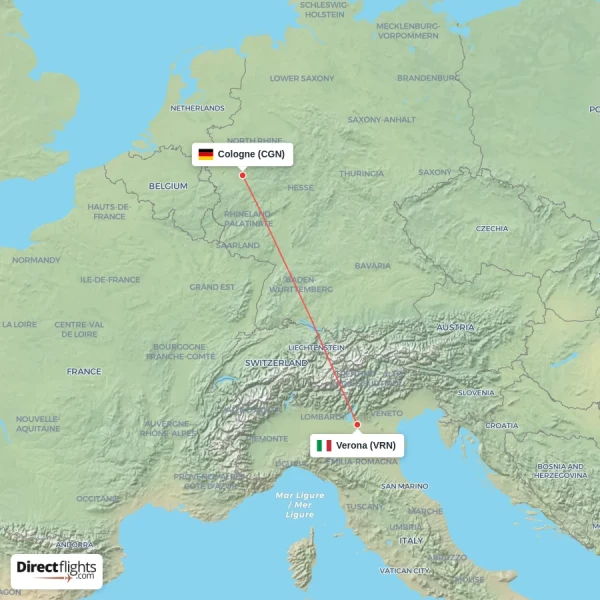 Verona - Cologne direct flight map