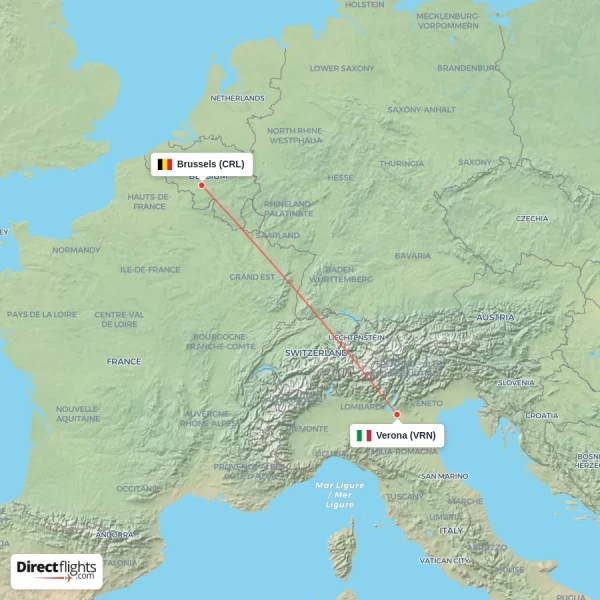 Verona - Brussels direct flight map