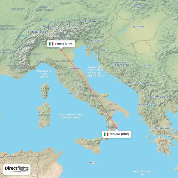 Verona - Crotone direct flight map