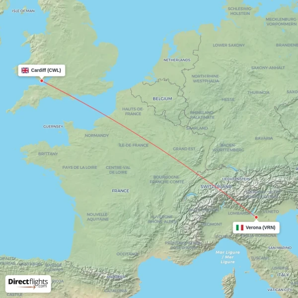 Verona - Cardiff direct flight map