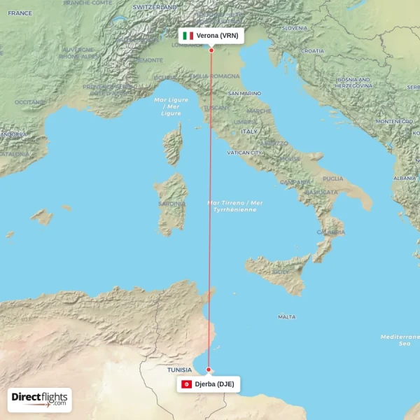 Verona - Djerba direct flight map