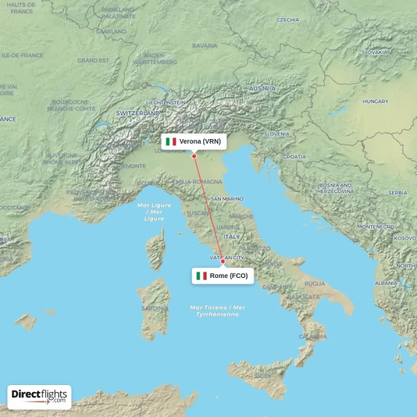 Verona - Rome direct flight map