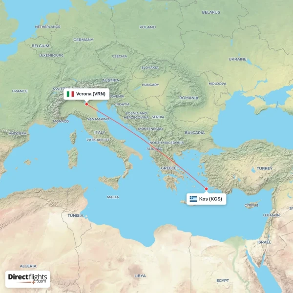 Verona - Kos direct flight map