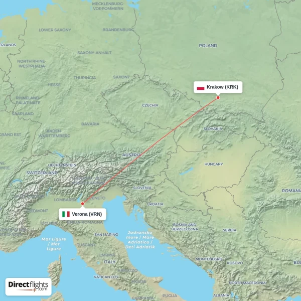 Verona - Krakow direct flight map