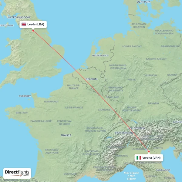 Verona - Leeds direct flight map