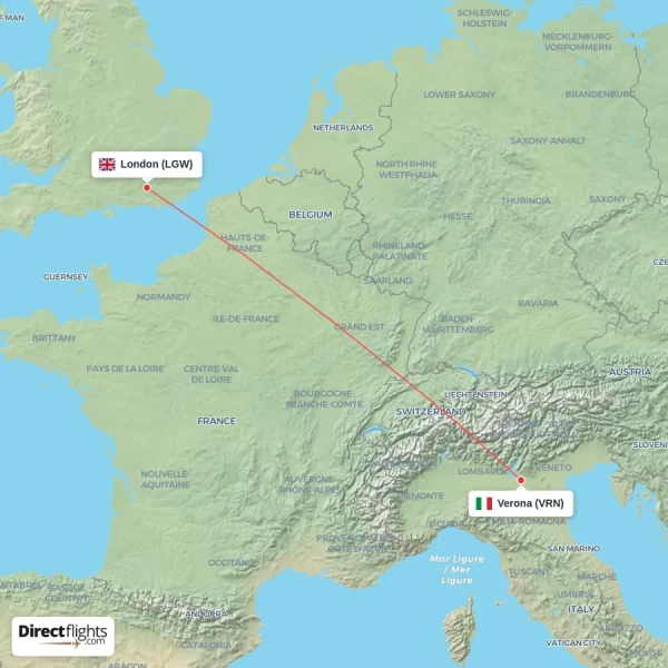 Verona - London direct flight map
