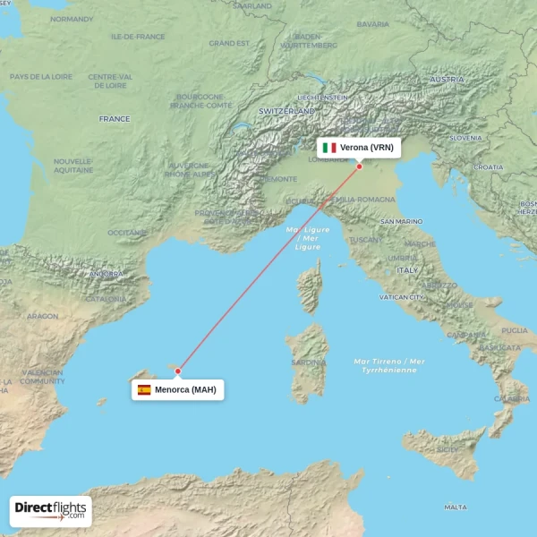Verona - Menorca direct flight map