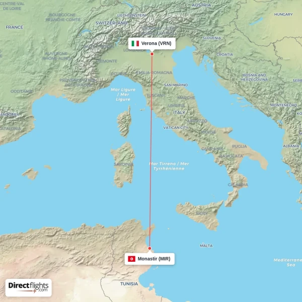 Verona - Monastir direct flight map
