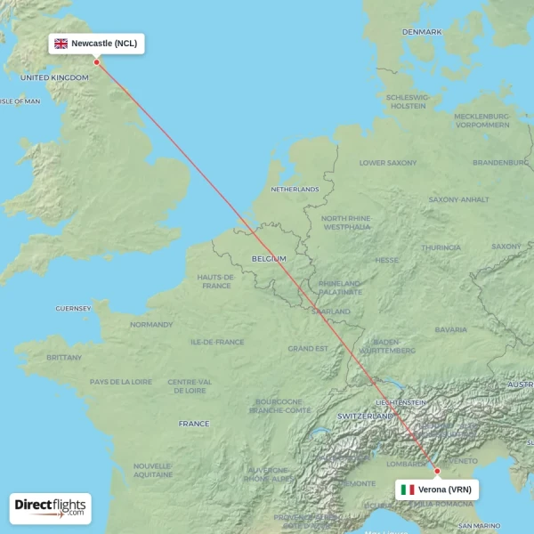 Verona - Newcastle direct flight map
